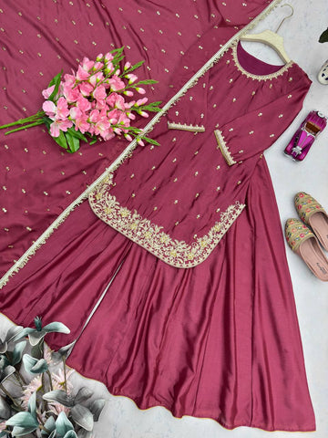 Exclusive Green Heavy Chinon Silk Embroidery Work Sharara Suit