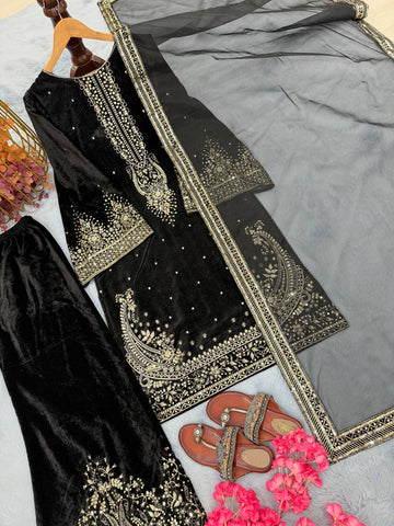 Exclusive Black Velvet Fancy Work Sharara Suit