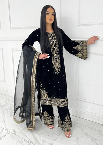 Exclusive Black Velvet Fancy Work Sharara Suit