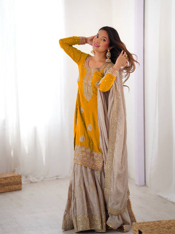 Lovely Pink Chinon Silk with Pearl Work Sharara Suit