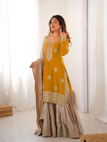 Lovely Pink Chinon Silk with Pearl Work Sharara Suit