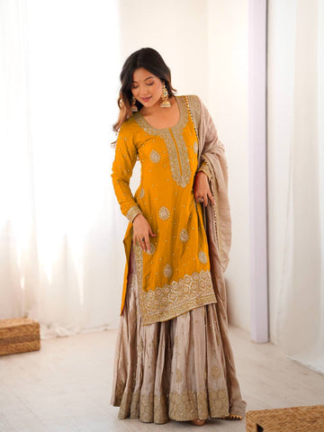 Lovely Pink Chinon Silk with Pearl Work Sharara Suit