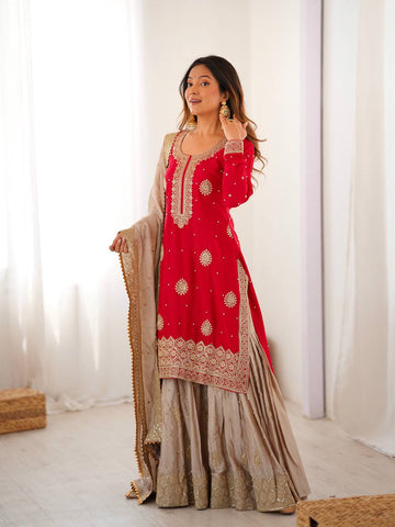Lovely Pink Chinon Silk with Pearl Work Sharara Suit
