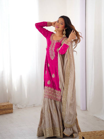 Lovely Pink Chinon Silk with Pearl Work Sharara Suit