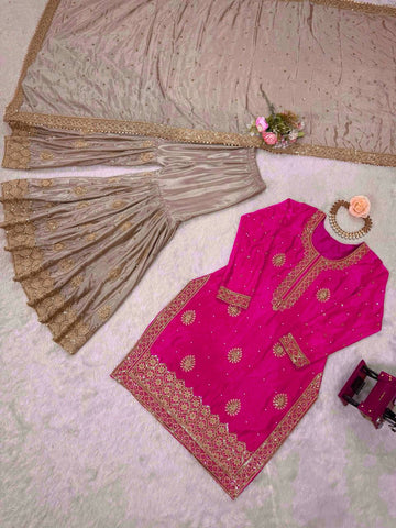 Lovely Pink Chinon Silk with Pearl Work Sharara Suit