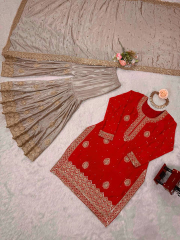 Lovely Pink Chinon Silk with Pearl Work Sharara Suit