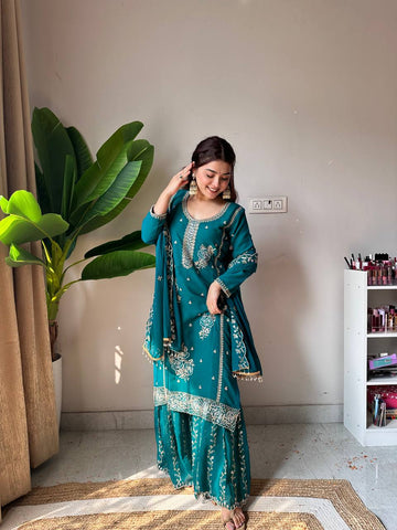Lovely Teal Fox Georgette with Sequence Embroidery Work Kurti Set