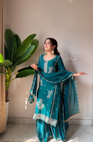 Lovely Teal Fox Georgette with Sequence Embroidery Work Kurti Set