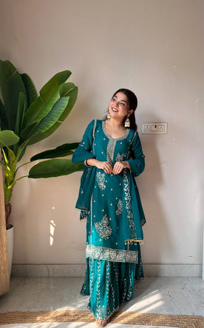Lovely Teal Fox Georgette with Sequence Embroidery Work Kurti Set