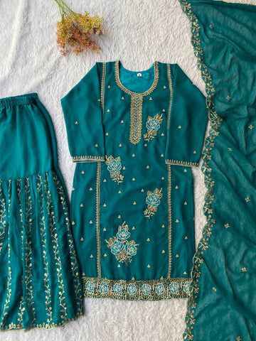 Lovely Teal Fox Georgette with Sequence Embroidery Work Kurti Set
