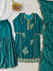 Lovely Teal Fox Georgette with Sequence Embroidery Work Kurti Set
