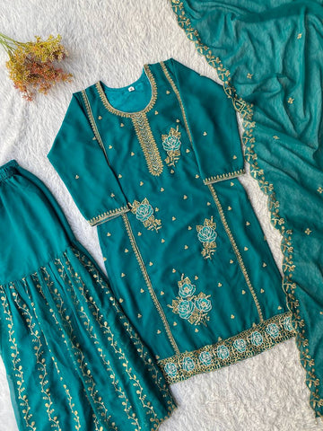 Lovely Teal Fox Georgette with Sequence Embroidery Work Kurti Set