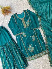 Lovely Teal Fox Georgette with Sequence Embroidery Work Kurti Set
