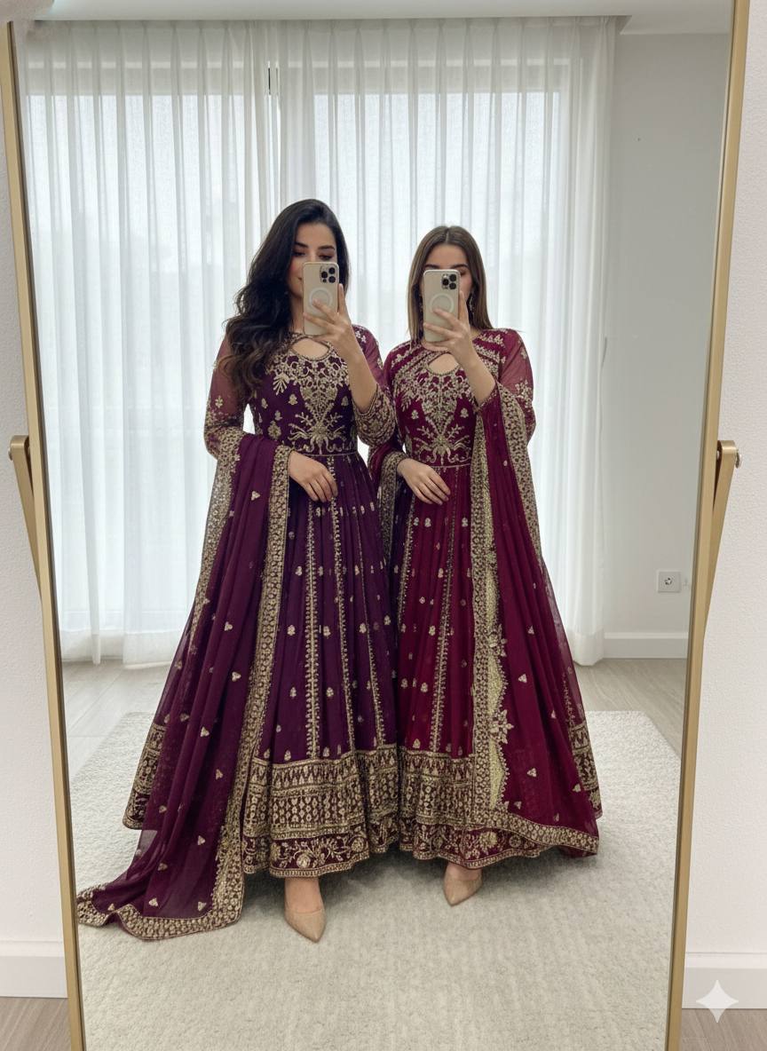 Stunning Wine Georgette with Sequence Work Gown