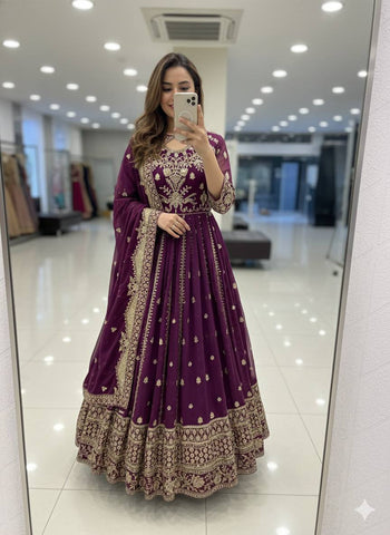 Stunning Wine Georgette with Sequence Work Gown