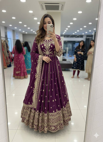 Stunning Wine Georgette with Sequence Work Gown