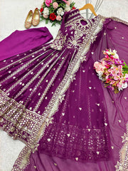 Stunning Wine Georgette with Sequence Work Gown