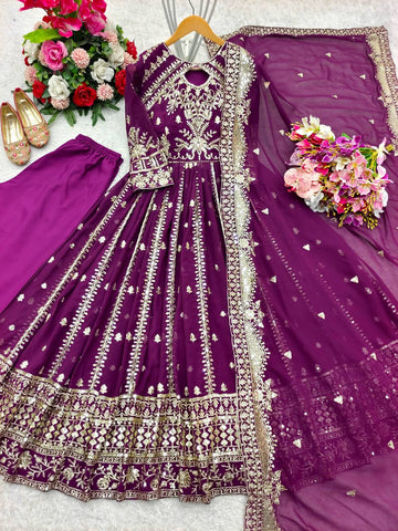 Stunning Wine Georgette with Sequence Work Gown