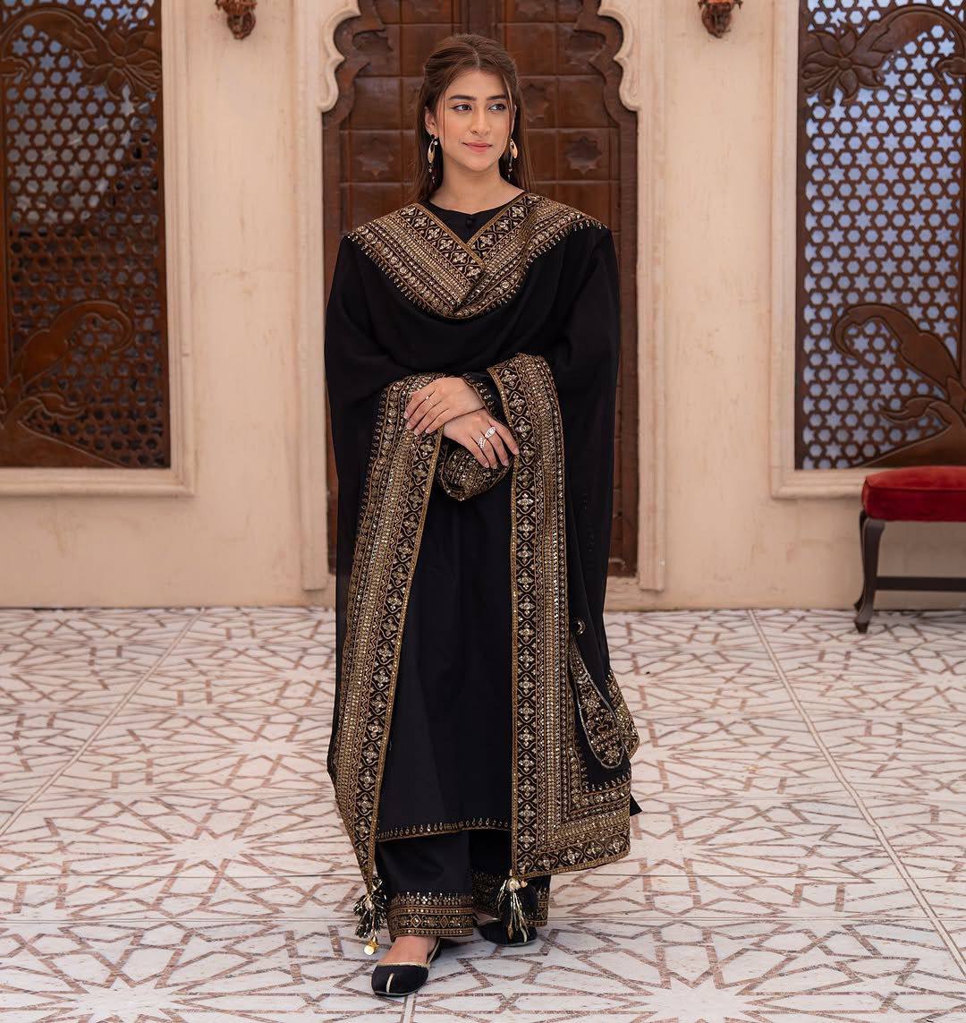 Exclusive Black Heavy Roman Silk Embroidery Suit