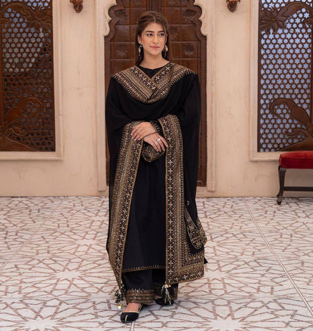 Exclusive Black Heavy Roman Silk Embroidery Suit