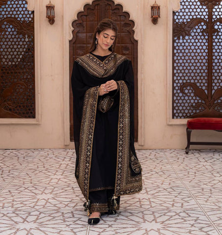 Exclusive Black Heavy Roman Silk Embroidery Suit