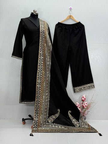 Exclusive Black Heavy Roman Silk Embroidery Suit