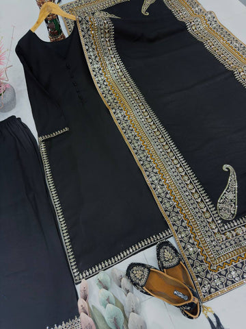 Exclusive Black Heavy Roman Silk Embroidery Suit