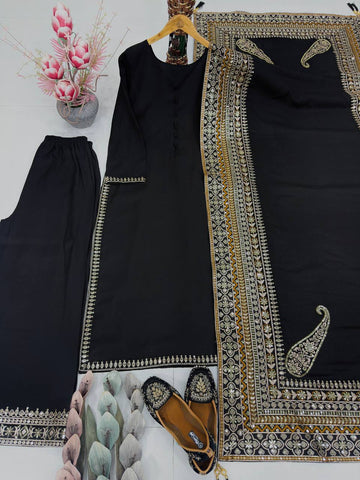 Exclusive Black Heavy Roman Silk Embroidery Suit