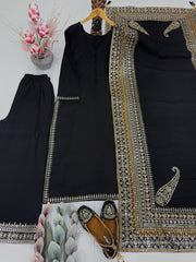Exclusive Black Heavy Roman Silk Embroidery Suit