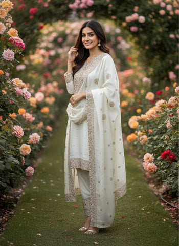 Exclusive White Fendy Silk Embroidery Work Palazzo Suit