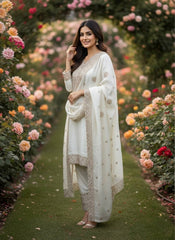 Exclusive White Fendy Silk Embroidery Work Palazzo Suit