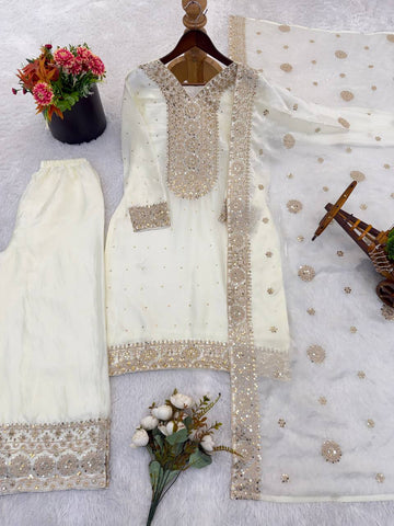 Exclusive White Fendy Silk Embroidery Work Palazzo Suit