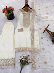 Exclusive White Fendy Silk Embroidery Work Palazzo Suit