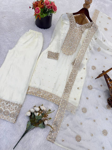 Exclusive White Fendy Silk Embroidery Work Palazzo Suit