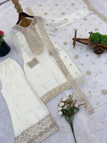 Exclusive White Fendy Silk Embroidery Work Palazzo Suit