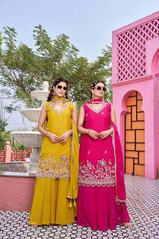 Exclusive Yellow Star Georgette with Embroidery Work Kurti Set