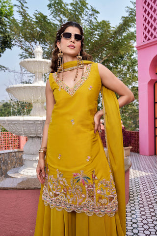 Exclusive Yellow Star Georgette with Embroidery Work Kurti Set