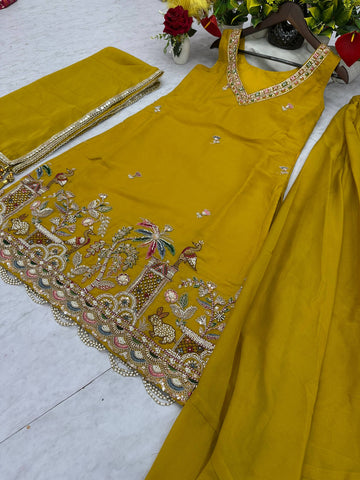 Exclusive Yellow Star Georgette with Embroidery Work Kurti Set