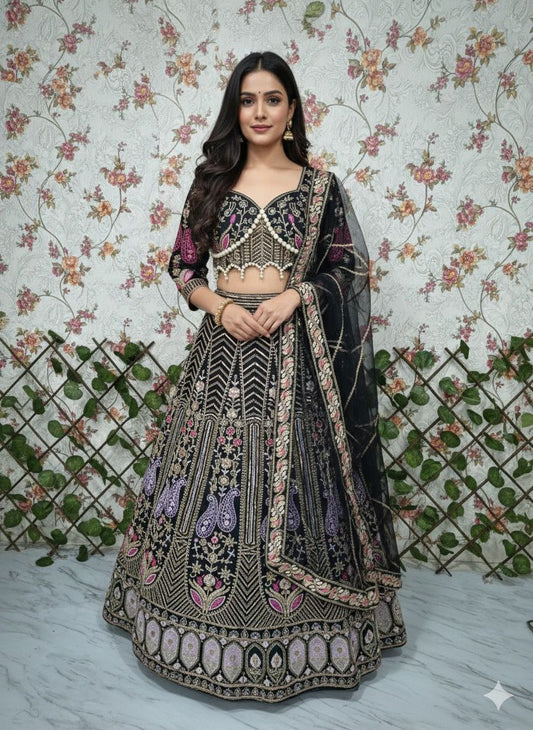 Exclusive Black Kasturi Silk Heavy Embroidered Lehenga