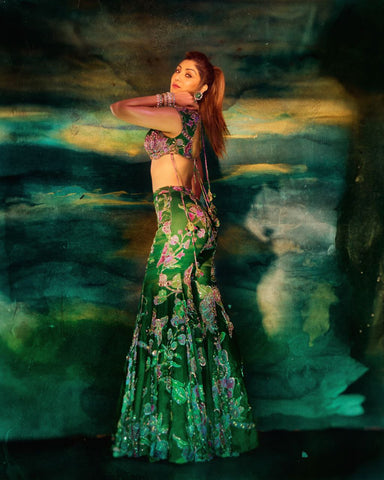 Charming Green Taby Silk Sequins Palazzo Suit