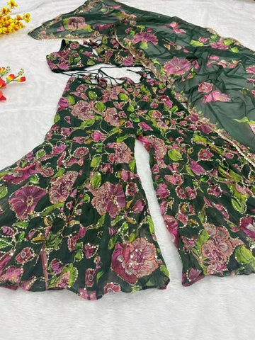 Charming Green Taby Silk Sequins Palazzo Suit