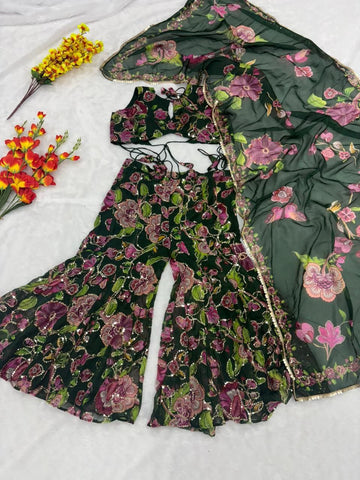 Charming Green Taby Silk Sequins Palazzo Suit