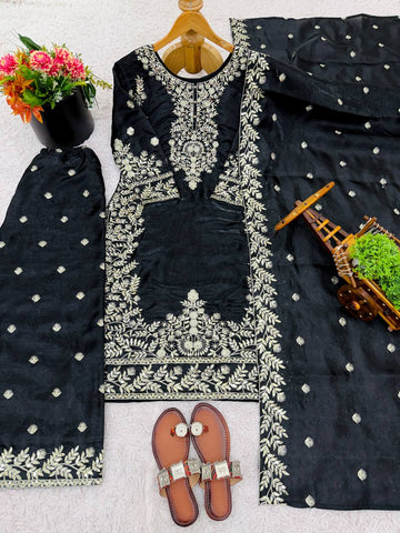 Amazing Black GMY Silk Embroidery Sequence Work Sharara Suit