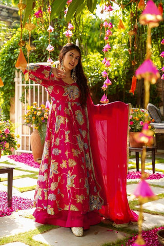 Elegant Pink Heavy Fox Georgette Embroidery Work Gown