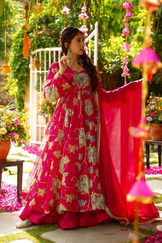 Elegant Pink Heavy Fox Georgette Embroidery Work Gown