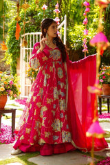 Elegant Pink Heavy Fox Georgette Embroidery Work Gown