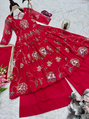 Elegant Pink Heavy Fox Georgette Embroidery Work Gown