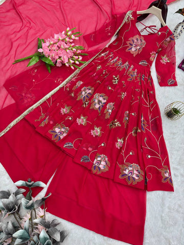 Elegant Pink Heavy Fox Georgette Embroidery Work Gown