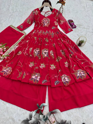 Elegant Pink Heavy Fox Georgette Embroidery Work Gown