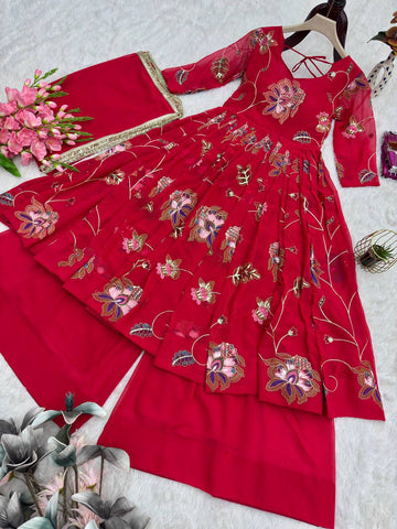 Elegant Pink Heavy Fox Georgette Embroidery Work Gown